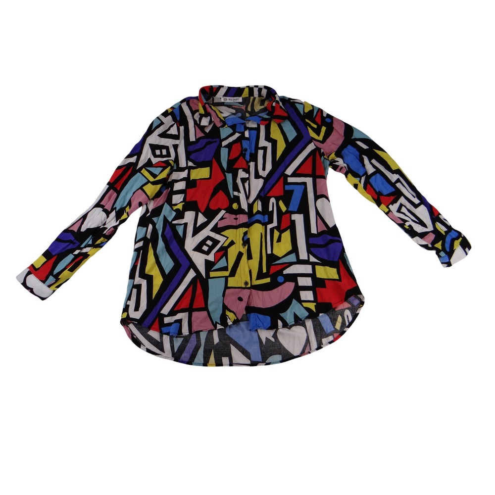 Big Dart Womens Large Abstract Geometric Pop Art Button Up Shirt Multicolored